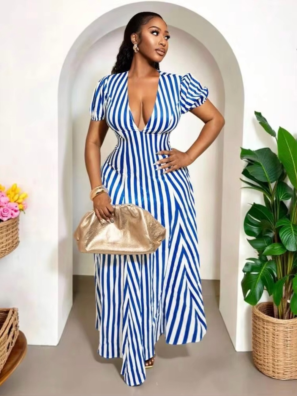 Blue and White Striped V-Neck Maxi Dress - 8/10